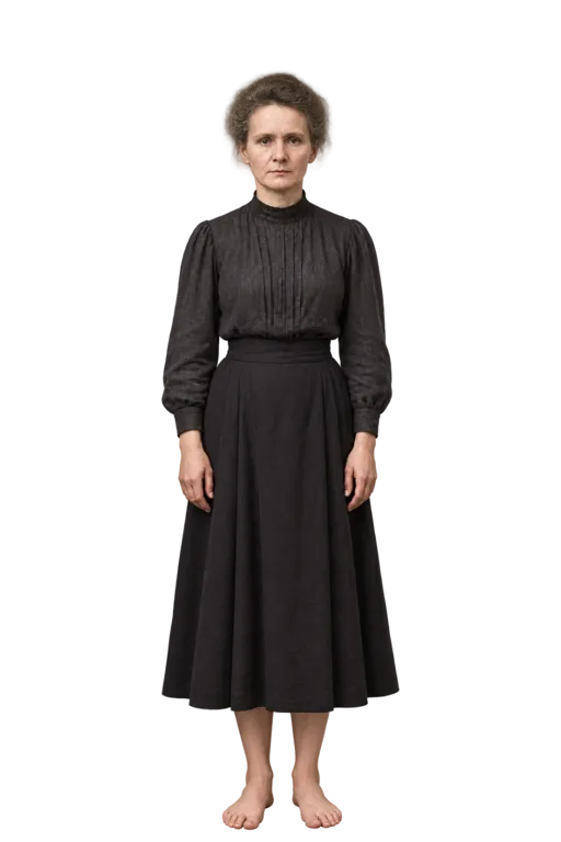 Marie Curie full-body height-comparison figure